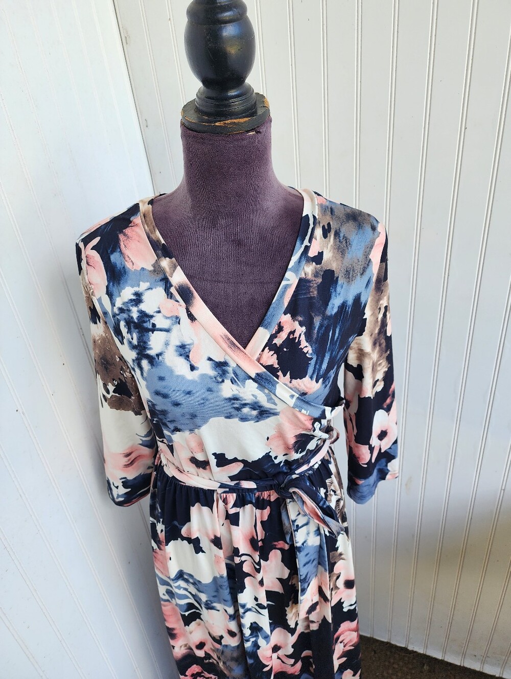 Zattcas Women's 3/4 Sleeve Floral Faux Wrap Maxi Dress w/ Belt Soft White Pink M - Picture 4 of 14